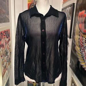 Self Esteem Black Sheer Button-Down Shirt With Blue Accent